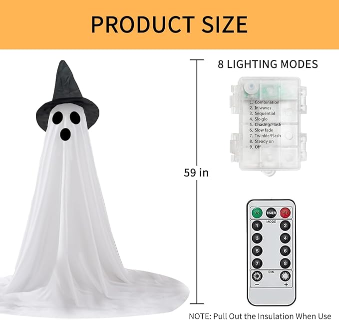 2 Packs Halloween Ghost Outdoor Decorations, 59โ Light Up Ghost Decor with Remote Control, Adjustable Height Standing Halloween Lighted Ghost Kit with Witch Hat Ideal for Porch, Garden, Yard