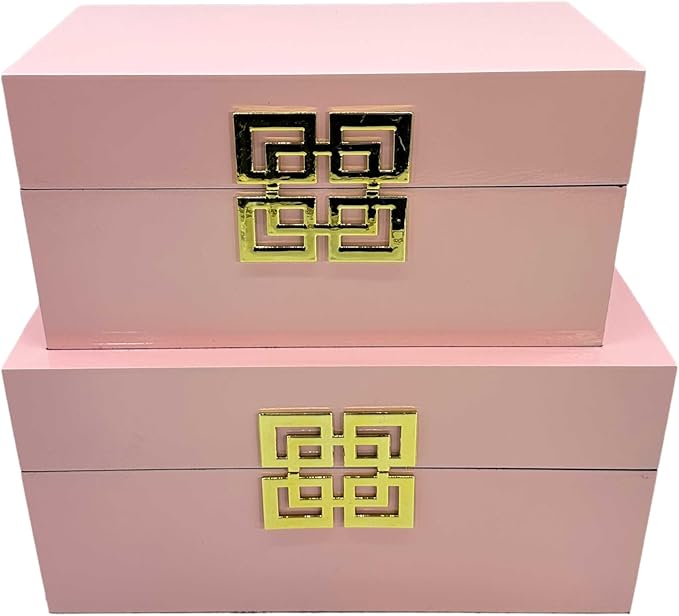 Galt International Storage Box Set Decorative Storage Box w/Hinged Lid Classic Design Wood Decor Boxes with Geometric Clasp Storage for Bedroom & Home - Set of 2 (Pink & Gold)
