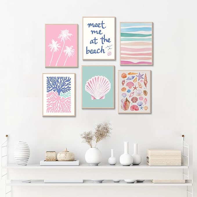 6 Pcs Coastal Beachy Wall Art Tropical Summer Shell Ocean Paintings Prints Posters Trendy Pink Preppy Palm Tree Canvas Wall Decor Aesthetic for Bedroom Living Room Dorm Apartment 8x10inch Unframed