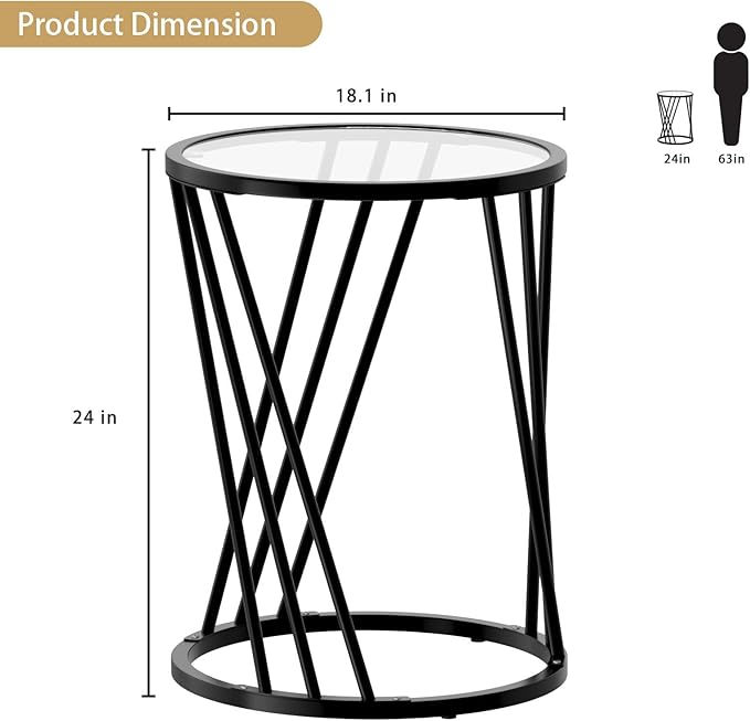 Round Side Table, Modern End Tables for Living Room Office Small Spaces, Glass Black End Table with Metal Frames, Nightstand for Bedroom, Bedside Furniture, Easy Assembly