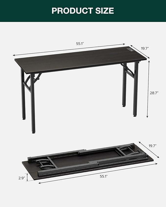 Frylr Small Folding Computer Desk β 55.1 Inch Portable Table for Craft and Study, Lightweight Desk for Small Spaces, Foldable Laptop Table Built-in AC/USB Outlets for Convenience, Charcoal Wenge