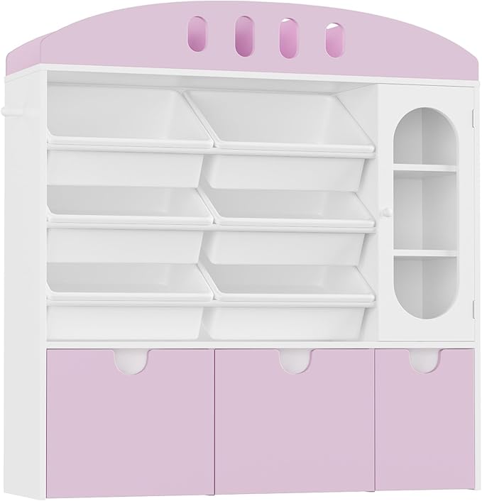 FOTOSOK Toy Organizers and Storage with Door, Playroom Organization, Bookshelf and Bookcase with 3 Drawers and 6 Mobile Bins, Toy Storage Organizer for Living Room