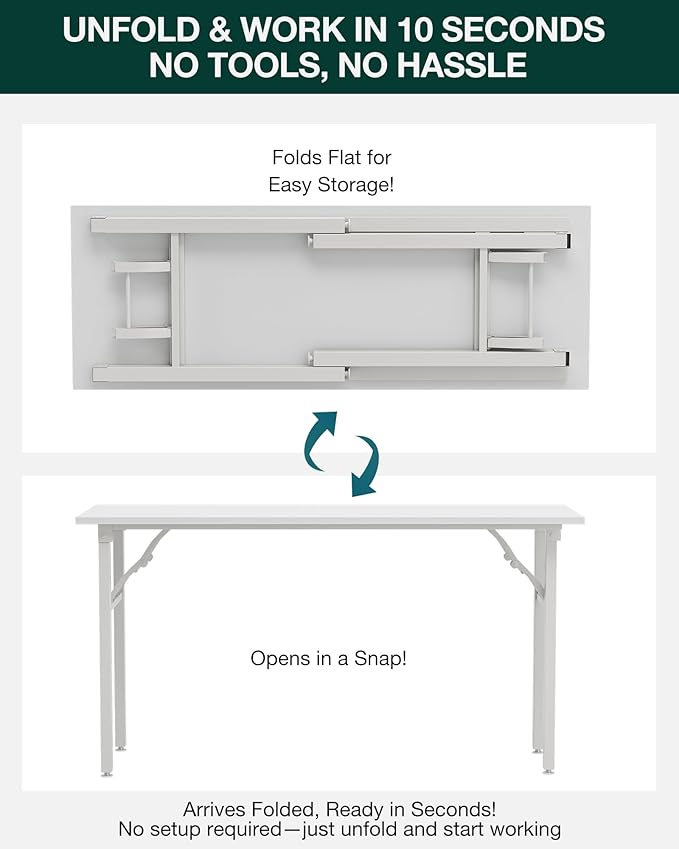 Frylr Small Folding Computer Desk β Portable 55.1 Inch Foldable Laptop Table, Collapsible and Compact for Easy Storage and Fast Setup, Lightweight for Small Spaces, Craft and Study Use, White