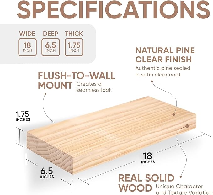 Homeforia 18 inch Natural Floating Shelf, High End Solid Real Wood 18inch Small Floating Shelves for Wall Mounted, Natural Wooden Floating Shelves, Heavy Duty Bracket, 18 X 6.5 X 1.75 in, Set of 4