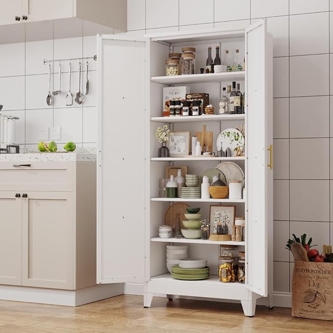 75" Tall Metal Kitchen Pantry Storage Cabinet, Freestanding Cupboard with 2 Doors and 5 Adjustable Shelves, Standing Storage for Kitchen, Bathroom, Garage, Dinning Room or Utility Room(White)