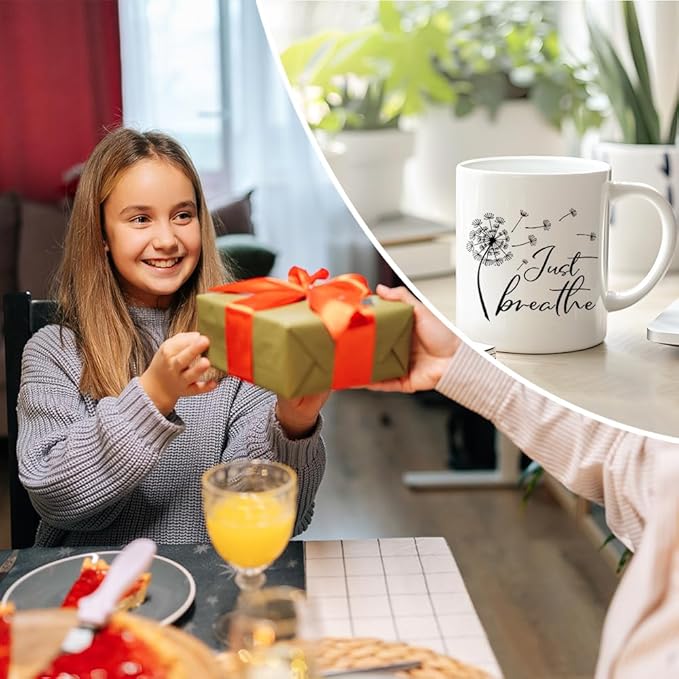 RZHV Just Breathe 11 Oz Novelty Mug, Funny Dandelion Coffee Mug for Floral Lover, Calming Gifts for Yoga Lover, Meditation Mental Health Gifts for Women