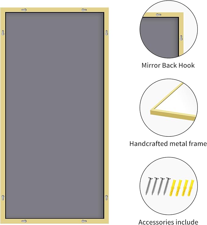 48x24In Gold Bathroom Mirror for Wall, Brushed Gold Rectangle Mirrors with Metal Frame, Bathroom Rectangular Mirror Modern Wall Mirror for Bedroom Living Room, Hangs Horizontal or Vertical