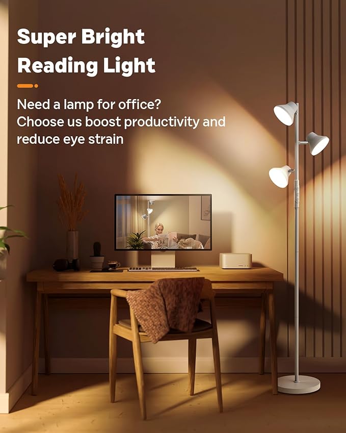 LED Tree Floor Lamp Silver, 36W Super Bright Standing Lamp with Remote Control, 4 Color Temperatures, 3 Rotatable LED Lights, Dimmable Floor Lamps for Living Room, Bedroom, Office