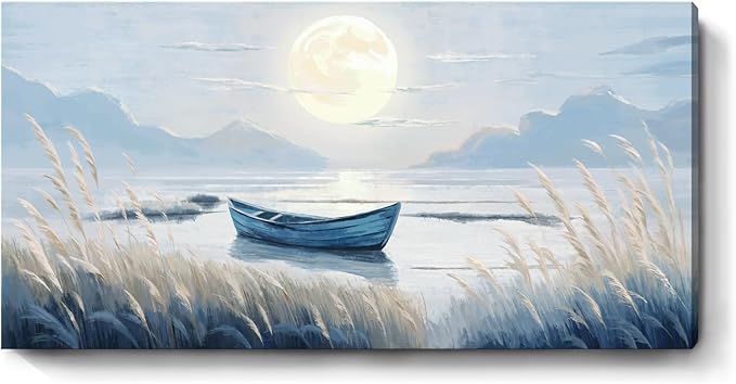 Large Wall Art for Living Room Bedroom Decor - Modern Nautical Beachy Ocean Beach Seascape Nature Artwork with Blue Boat Moon Lake Mountain Sea - Relaxing Serene Canvas Picture for Coastal Rustic Home