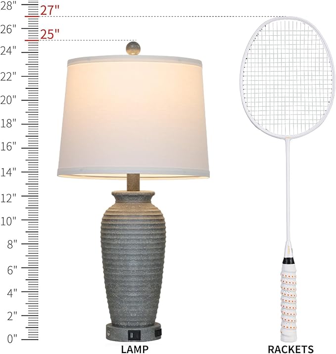 25" Grey Vintage Table Lamp Set of 2 Farmhouse Jar Table Lamps for Living Room,Touch Bedside Lamps with USB A+C Ports & AC Outlet, Pot Nightstand Lamps for Bedroom Living Room (LED Bulbs Included)