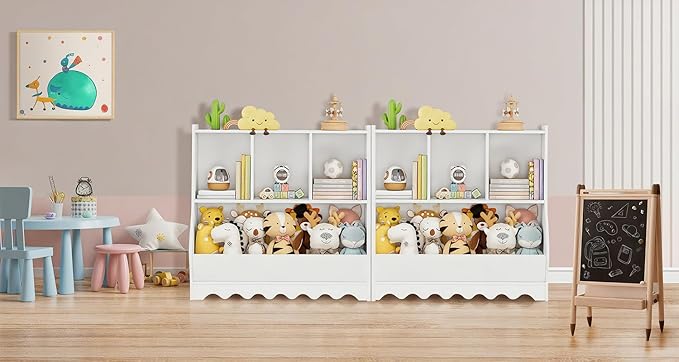 Wood Kid Storage Cubby, Toy Storage Organizer with Bookshelf, 32"L x 15"D x 31"H Montessori Toy Shelf, Nursery Book Shelves, Wooden 4-Cubby Children Book Shelf for Playroom Classroom, White