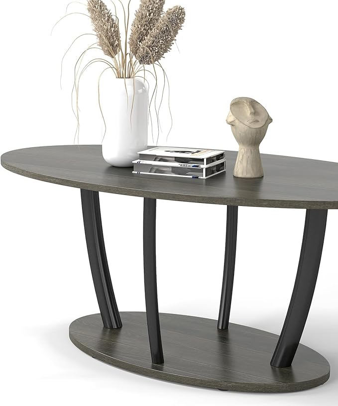 Manora Small Oval Coffee Table with Storage, Rustic Farmhouse Industrial Center Table for Living Room, VintageTea Table for Small Spaces, Gray