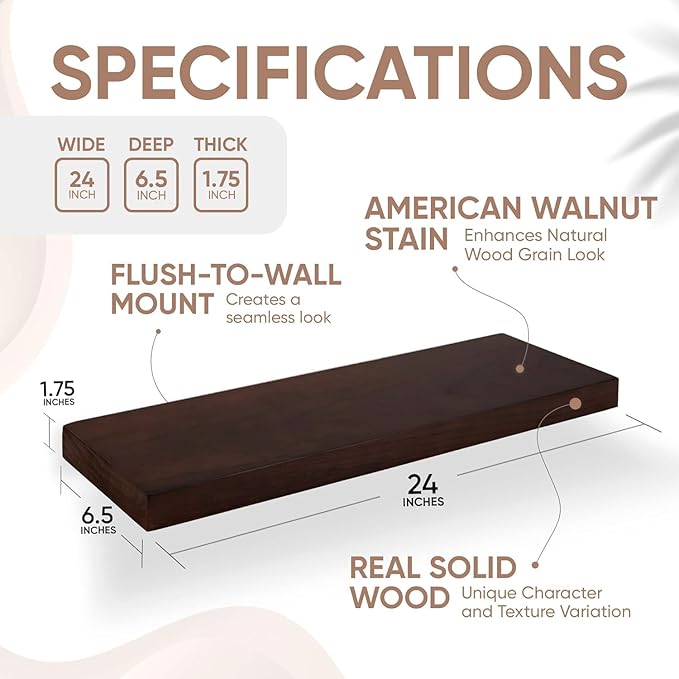 Homeforia 24inch Walnut Floating Shelves for Wall, High End Solid Real Wood 24in Floating Shelf for Bathroom, Dark Brown 24 inch Long Floating Shelves, Heavy Duty Bracket, 24 X 6.5 X 1.75 in, Set of 4