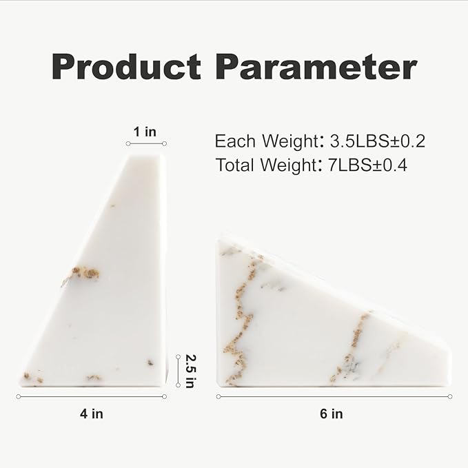 Marble Book Ends White, Heavy Duty Book Ends for Shelves, Decorative Natural Book Stopper,Unique Decorative Bookend for Home Shelves Calacatta Natural Marble Bookend, Set of 2