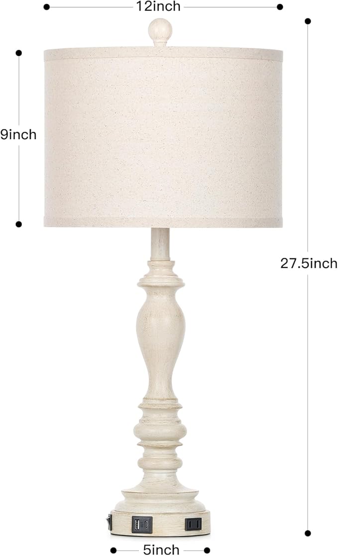 27.5" Retro Table Lamps Set of 2 with USB A+C Charging Ports -Nightstand Lamp for Bedroom Vintage Rustic Table Lamps for Living Room Traditional Nightstand Bedside Lamps(2 Bulbs Included)