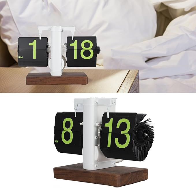 Flip Desk Clock, Retro Vintage Flip Desk Table Clock, Digital Clock Sided Large Numbers Mechanical Flip Clock Wood Base for Living Room, Study Room and Office(Frosted White)