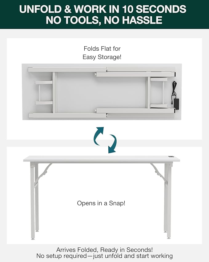 Frylr Small Folding Computer Desk β 55.1 Inch Portable Table for Craft and Study, Lightweight Desk for Small Spaces, Foldable Laptop Table Built-in AC/USB Outlets for Convenience, White