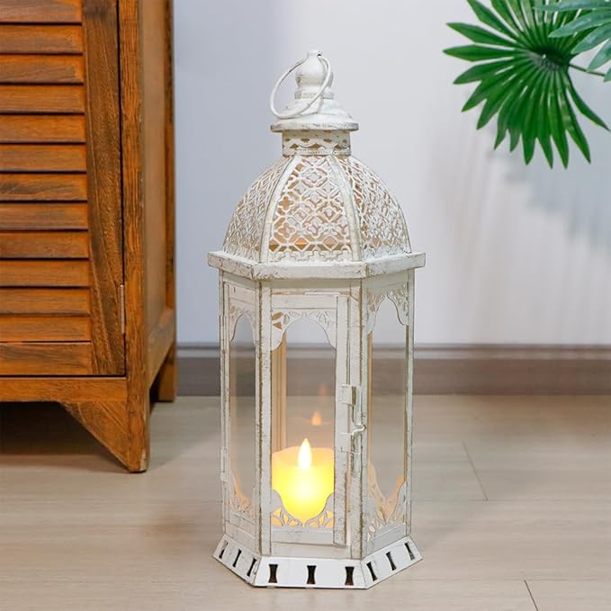 JHY DESIGN Decorative Candle Lantern 15''H Vintage Metal Candle Holder for Garden Living Room Indoor Outdoor Parties Weddings Patio(White with Gold Brush)