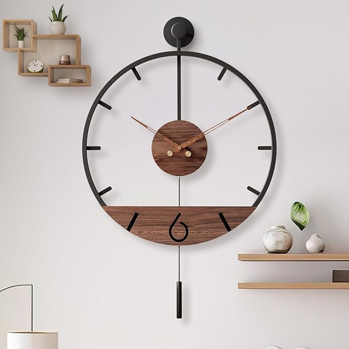30.7×20 Inch Large Modern Decorative Pendulum Wall Clock,Big Metal Farmhouse Oversized Silent Wall Clocks Minimalist Elegant Walnut Dial Pointers for Living Room,Office,Dining Room Decor