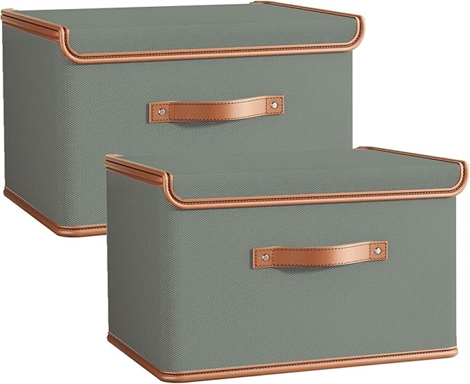 Tuza 2 Pack Storage Bins with Lids, Collapsible Closet Organizer Container, Fabric Organizer Box with Handles, Decorative Storage Boxes with Lids for Organizing Clothes, Blanket, Grey, Extra Large