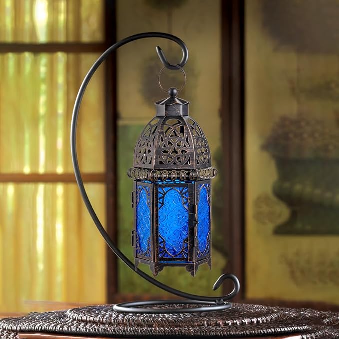 NEEDOMO Hanging Moroccan Lantern, 12.8'' Vintage Candle Holder, Metal Lanterns Decorative Indoor Outdoor, Table, Patio, Porch, Shelf, Gothic Home Decor (Blue, Large Size)