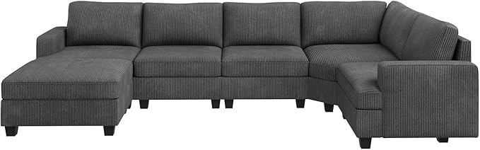 Nolany Sectional Sofa with Storage Ottoman, U Shape Couch with Chaise, Corduroy Modular Sectional Couch for Living Room, Dark Grey