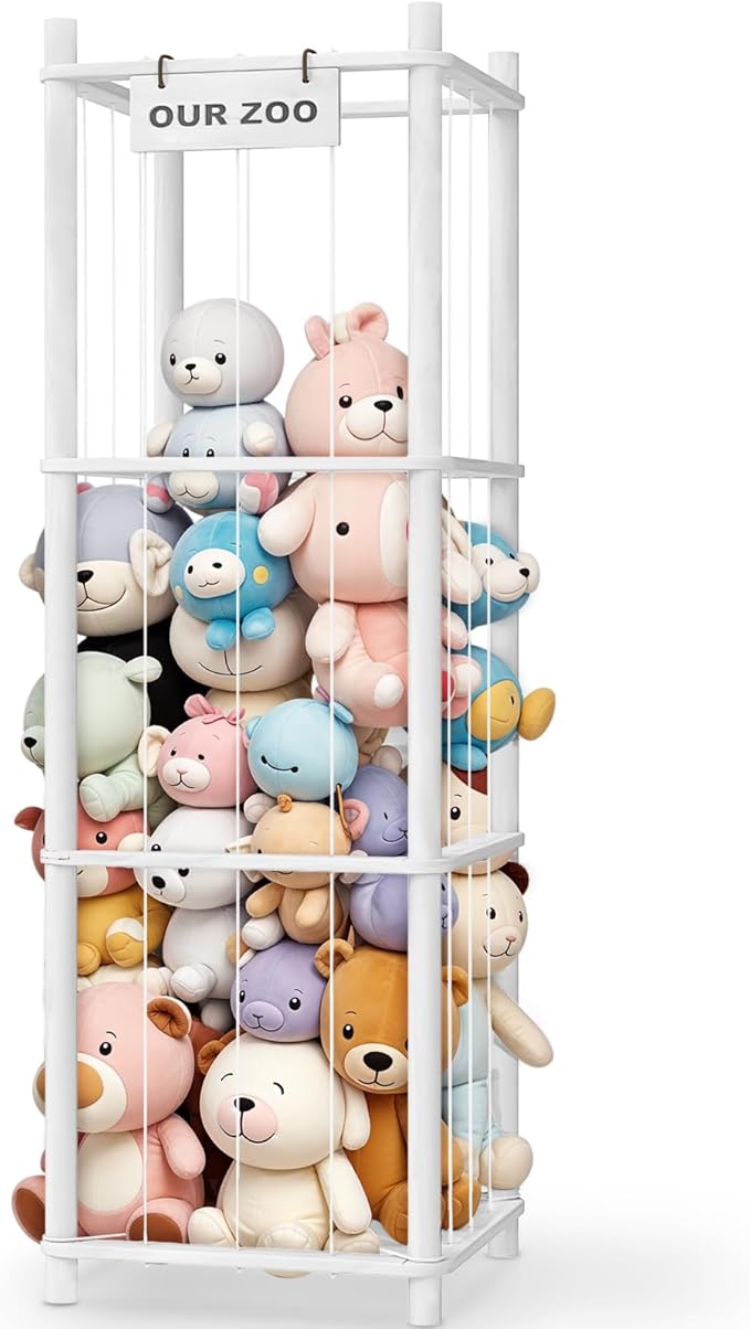 Stuffed Animal Storage & Organizer, Wooden Cute Zoo Toy Holder for Toddler Rooms, Playrooms & Bedrooms(White)