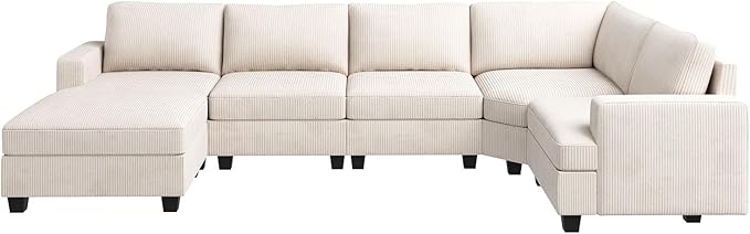 Nolany Sectional Sofa with Storage Ottoman, U Shape Sectional Couch Corduroy Modular Sectional Couches for Living Room, Beige