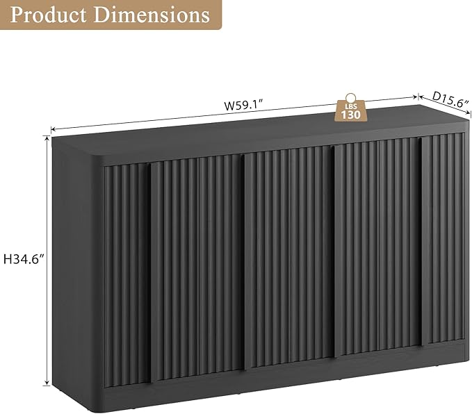 Fluted Buffet Cabinet with Storage, 60" Sideboard Buffet Storage Cabinet with 4 Doors & Adjustable Shelves, Wood Coffee Bar Credenza Accent Cabinet for Kitchen, Dining Room, Living Room, Black(1PCS)