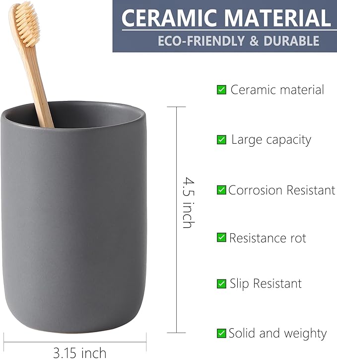 Toothbrush Holders for Bathrooms - 1 Cups Ceramic Toothbrush Toothpaste Holders, Grey Bathroom Tumbler Cups Reusable Toothbrush Mouthwash Cup, Bathroom Counter Organizer.