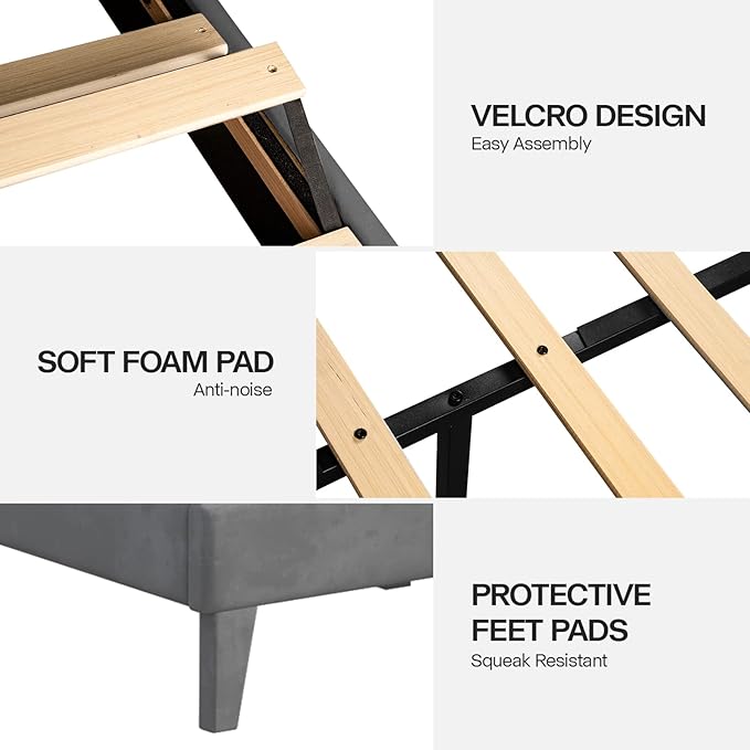 King Size Bed Frame with LED Lights, Upholstered Bed Frame with Wingback Diamond Tufted Headboard, Wood Slats Support, Noise-Free, Easy Assembly, No Box Spring Needed, Grey