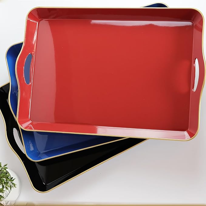 Spsyrine Large Black Serving Tray with Handles, Plastic Decorative Tray for Coffee Table, Ottoman, Bathroom, Home Decor 17.3"*11.8"*2"