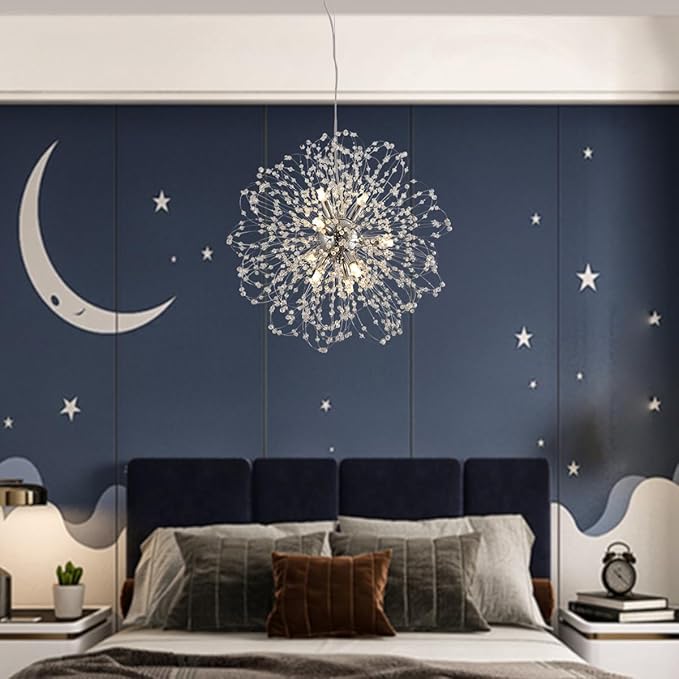 Sputnik Crystal Chandelier, Modern Beaded Ceiling Lamp with Chrome, Round Dandelion Pendant Light Fixtures for Living Room Bedroom Dining Room Farmhouse Kitchen Island (Chrome 9Lights)