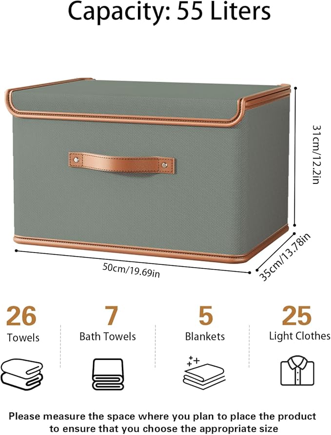 Tuza 2 Pack Storage Bins with Lids, Collapsible Closet Organizer Container, Fabric Organizer Box with Handles, Decorative Storage Boxes with Lids for Organizing Clothes, Blanket, Grey, Extra Large