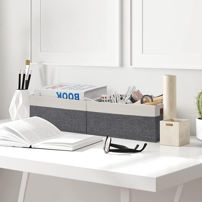 GhvyenntteS Small Fabric Storage Bins 12 Pack, Storage Basket with Leather Handles, Closet Storage Bins for Shelves, Storage Baskets for Shelves, Home, Office (Grey/White, 11.8" x 7.87" x 5.11")