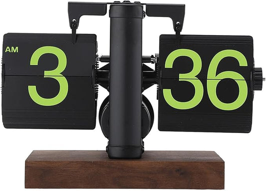 Flip Desk Clock, Retro Vintage Flip Desk Table Clock, Digital Sided Large Numbers Mechanical Flip Clock Wood Base for Living Room, Study Room and Office(Frosted Black)
