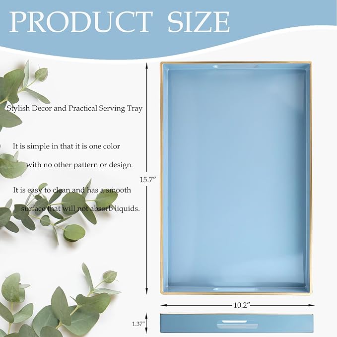 Spsyrine Blue Decorative Serving Tray with Handles, Elegant Plastic Coffee Table Tray for Ottoman, Living Room, Home Decor 15.6" X 10.2" Light Blue