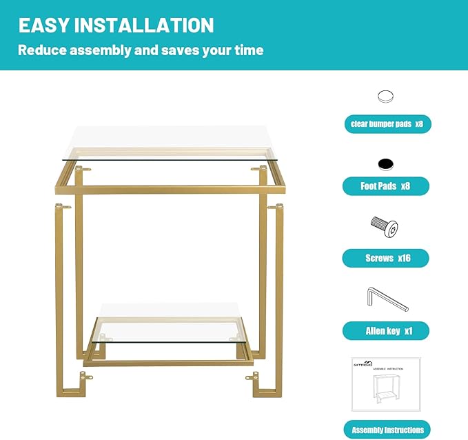 2 Tier Rectangular Side Table, Gold End Table with Glass Top, Modern Metal Clear Coffee Table,Small Accent Table for Living Room, Bedroom, 22" x 12.4" x 24"