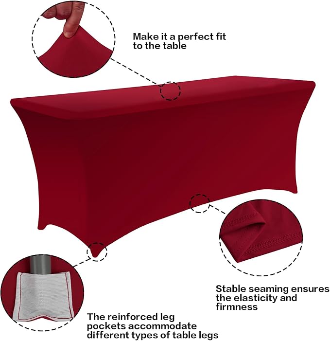 IVAPUPU 6FT Table Cloth for Rectangular Fitted Events Stretch Burgundy Table Covers Washable Cover Spandex Tablecloth Protector for Party, Wedding, Cocktail, Banquet, Festival