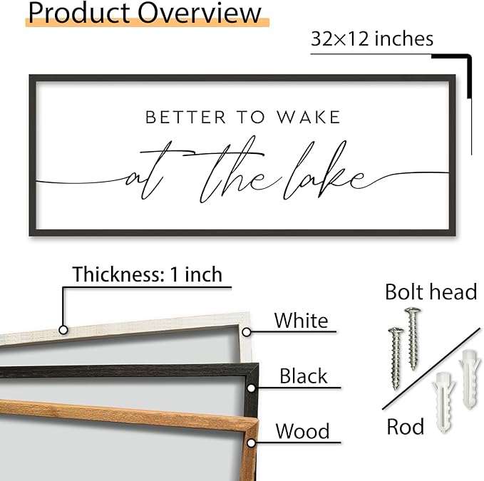 SRSZHIYUE Better To Wake At The Lake Wall Decor Above Bed Sign 32"×12" for Lake House Bedroom Over Bed Large Wood Framed Wall Hanging Art (Black)