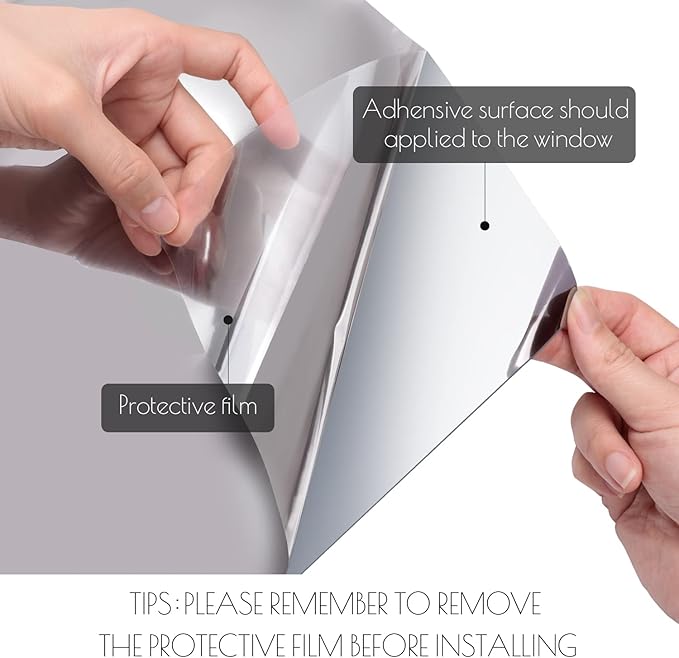 HIDBEA One Way Privacy Window Film, Daytime Mirror Reflective Heat Control UV Sun Blocking Non-Adhesive Static Cling Window Tint for Home and Office(Black-Silver, 41.3 Inch x 19.6 Feet)