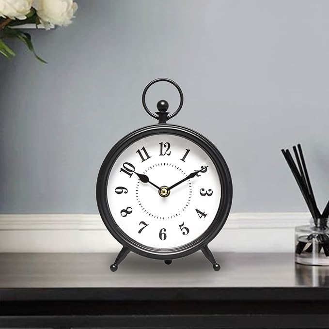 Vintage Black Table Clock on Stand, Decorative Desk and Shelf Clock,Decorative Battery Operated Table Top Clock for Living Room,Silent Non-Ticking(Small)