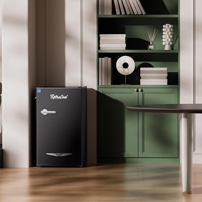 Upstreman 3.2 Cu.Ft Retro Mini Fridge with Bottle Opener, Energy Saving, Adjustable Thermostat, Metal Handle, LED Lamp, Mini Refrigerator for Bedroom, Office, Dorm-BR321 PRO (Black)