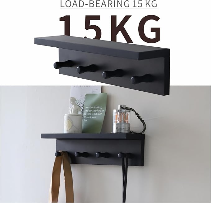 Entrance Coat Rack ,Coat Hooks, Wall-Mounted Wooden Hook Rack, Wall-Mounted Shelves are Very Suitable (Black Finish-1)