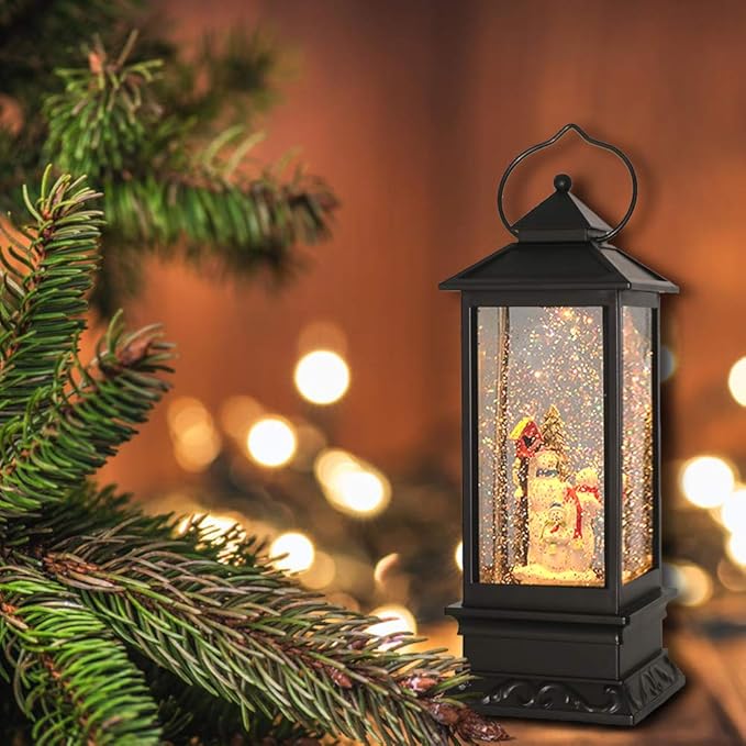 Eldnacele Christmas Snow Globe Lantern with Music, Battery Operated Lighted Swirling Glitter Water Lantern with Timer for Christmas Home Decoration, Snowman