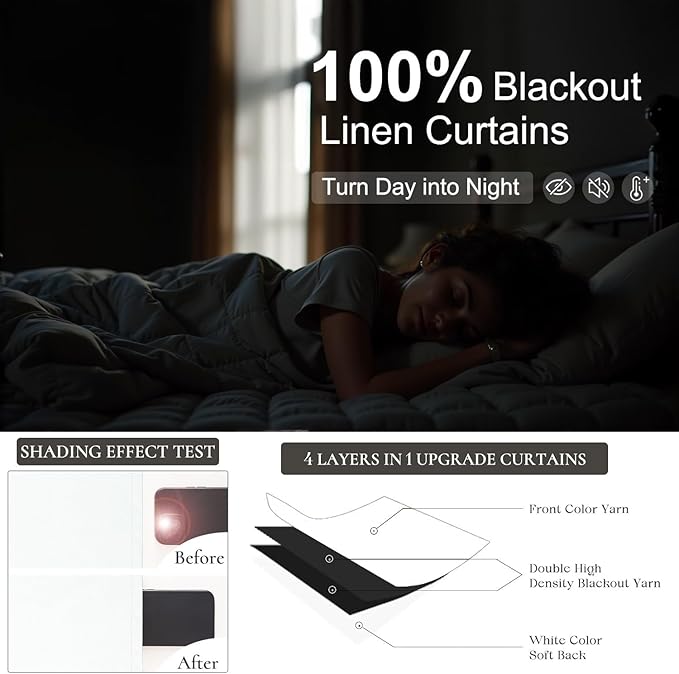 100 Inch Curtains & Drapes Window Coverings Custom Extreme Blackout Linen Curtains White Black Out Thermal Curtains for Sliding Glass Door Heavy Duty Panels 2 Back Tab Pleated 52 Inch Wide by 100 Long