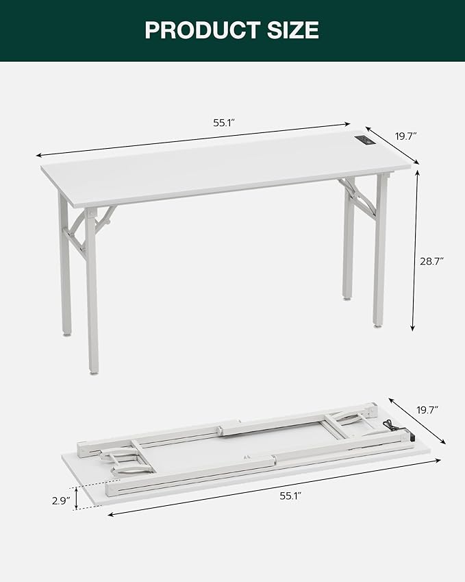 Frylr Small Folding Computer Desk β 55.1 Inch Portable Table for Craft and Study, Lightweight Desk for Small Spaces, Foldable Laptop Table Built-in AC/USB Outlets for Convenience, White
