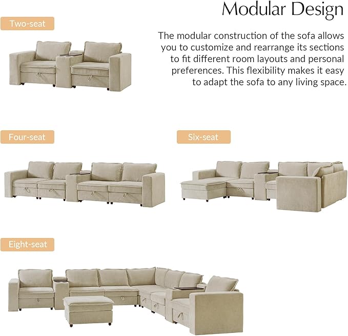 HULALA HOME Modular Sectional Sofa with USB Port and Console, 8 Seater Sofa with Storage Ottoman, Oversized L Shaped Couches for Living Room, FSC Certified, Beige