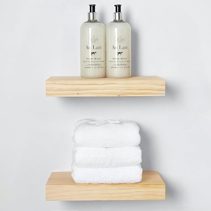 Homeforia Wood Floating Shelf 12 inch, High End Solid Natural Wood 12inch Floating Shelves for Wall Mounted, Unfinished Small Wooden Floating Shelves, Heavy Duty Bracket, 12 X 6.5 X 1.75 in, Set of 3