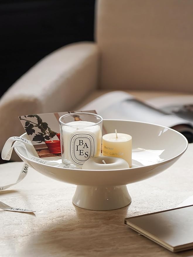 Kanwone Large Fruit Bowl for Kitchen Counter - Decorative Bowls for Home Décor - Ceramic Fruit Bowl, Pedestal Bowl - Modern Key Bowl for Entryway Table - 11.5 Inches, White